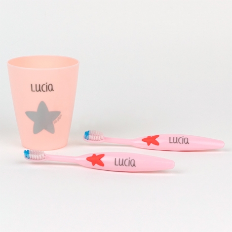 Set 2 Cepillos de dientes + Vasito Personalizados Rosa