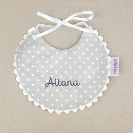 Babero Piqué Nacimiento Gris-Topitos Personalizado