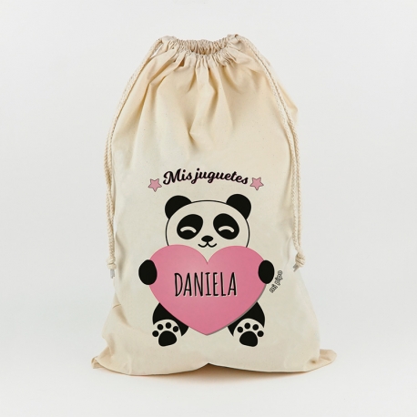 Saco para Juguetes Personalizado Panda Corazón rosa