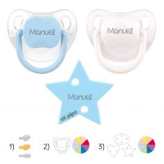 Pack with 2 Baby Pacifiers + Personalized Clip White