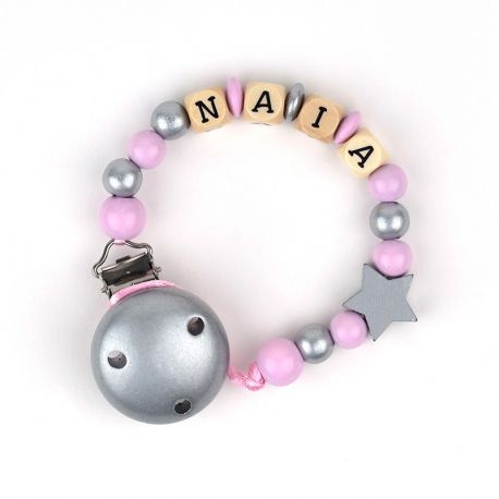 Wood chain Star Silver Pink Personalized
