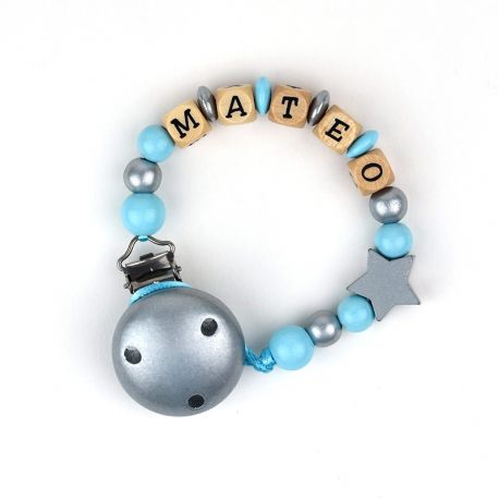 Wood chain Star Silver Blue Personalized
