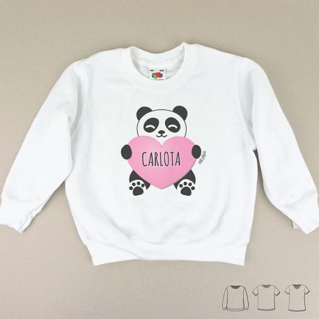 Camiseta o Sudadera Bebé y Niño/a Nombre Personalizada Panda Corazón Rosa 