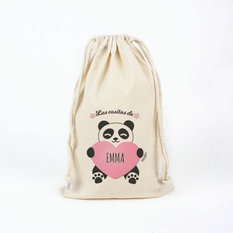 Bolsita Algodón Las cositas de Panda corazón rosa Personalizada