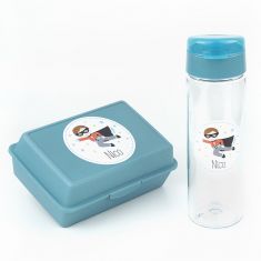 Pack Botella 600ml + Cajita Porta Alimentos Superhéroe Azul personalizadas