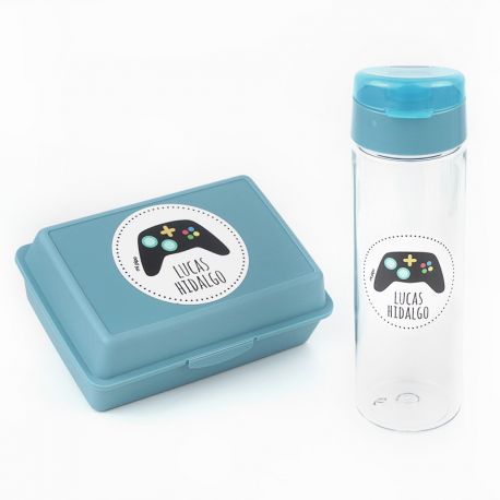 Pack Botella 600ml + Cajita Porta Alimentos Consola Azul personalizadas