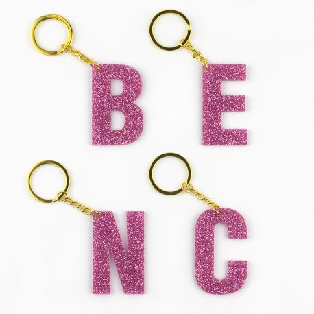 Llavero Metacrilato Inicial Rosa Glitter