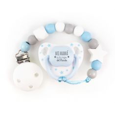 Cajita Chupete Divertido + Cadenita de silicona Baby Azul y Gris, texto a elegir