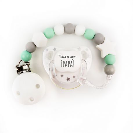 Cajita Chupete Divertido + Cadenita de silicona Baby Menta y Gris, texto a elegir