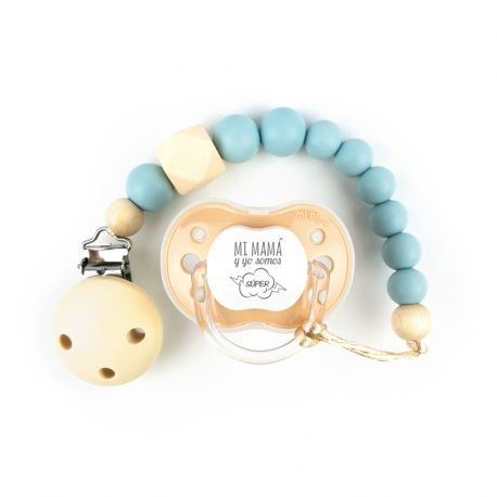Cajita Chupete Divertido + Cadenita de silicona Gema Azul Soft, texto a elegir