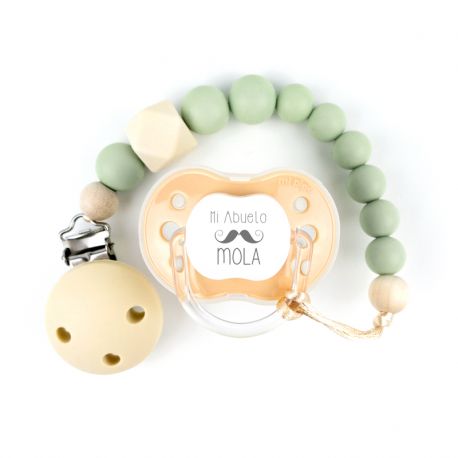 Cajita Chupete Divertido + Cadenita de silicona Gema Verde Soft, texto a elegir