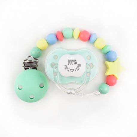 Cajita Chupete Divertido + Cadenita de silicona Estrella Multicolor, texto a elegir