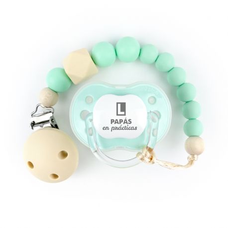 Cajita Chupete Divertido + Cadenita de silicona Gema Menta, texto a elegir