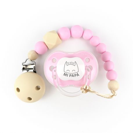 Cajita Chupete Divertido + Cadenita de silicona Gema Rosa, texto a elegir