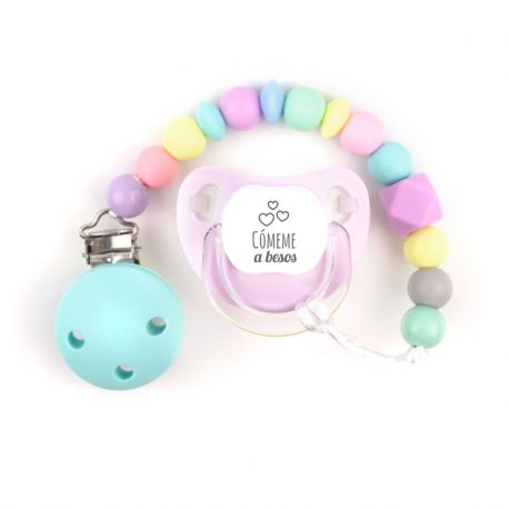 Cajita Chupete Divertido + Cadenita de silicona Candy, texto a elegir