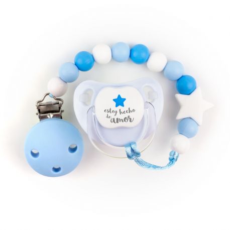 Cajita Chupete Divertido + Cadenita de silicona Estrella Celeste, texto a elegir