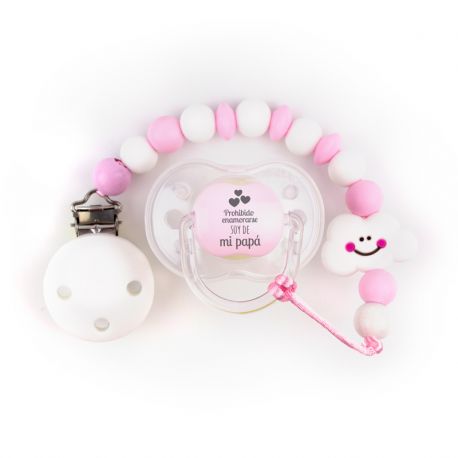 Cajita Chupete Divertido + Cadenita de silicona Nube Rosa, texto a elegir
