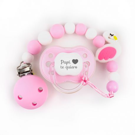 Cajita Chupete Divertido + Cadenita de silicona Cisne, texto a elegir