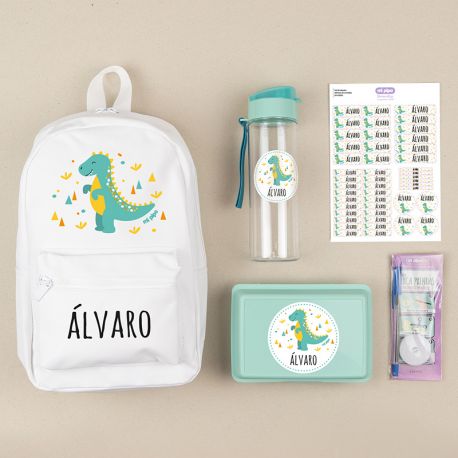 Pack Mi Equipo para el Cole con Mochila Nylon Dinosaurio personalizado + Regalo Marcaprendas