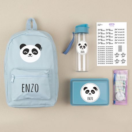 Pack Mi Equipo para el Cole con Mochila Nylon Panda Azul personalizado + Regalo Marcaprendas