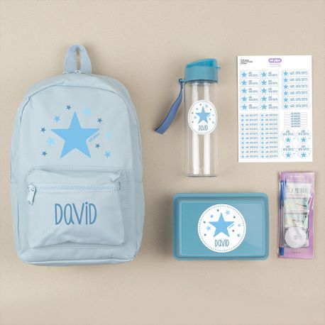 Pack Mi Equipo para el Cole con Mochila Nylon Estrella Azul personalizado + Regalo Marcaprendas