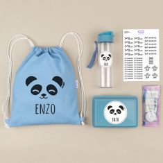 Pack Mi Equipo para el Cole con Petate Panda Azul personalizado + Regalo Marcaprendas