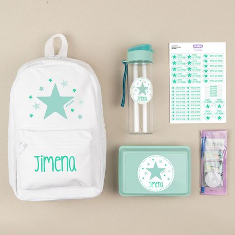 Pack Mi Equipo para el Cole con Mochila Estrella Menta personalizado + Regalo Marcaprendas