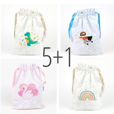 PROMO Saquitos de Piqué Personajes no personalizada, elige diseños, compra 5 y te regalamos 1