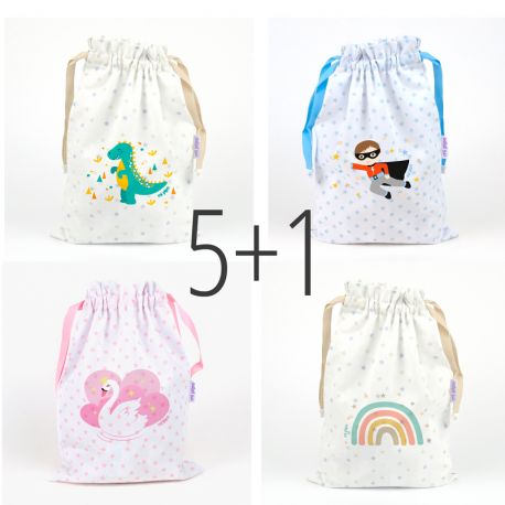 PROMO Saquitos de Piqué Personajes no personalizada, elige diseños, compra 5 y te regalamos 1