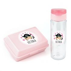 Pack Botella 600ml + Cajita Porta Alimentos Pirata Chica Rosa personalizadas