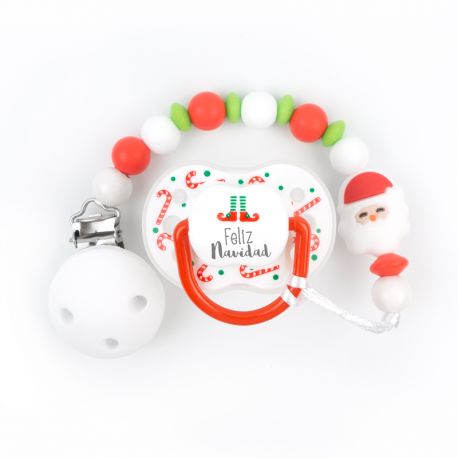 Cajita Chupete Rojo Copos + Cadenita de silicona Papa Noel, texto a elegir