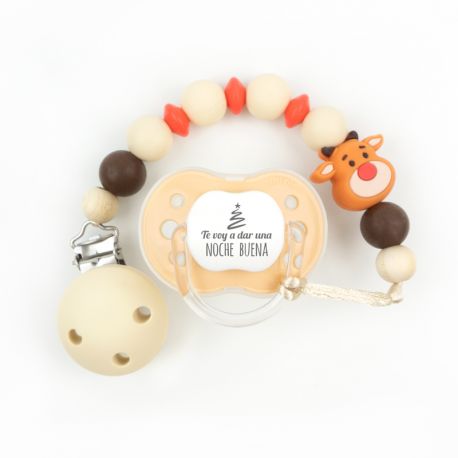 Cajita Chupete Beige + Cadenita de silicona Reno Retro, texto a elegir