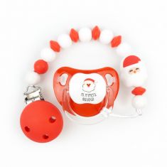 Cajita Chupete Baby Deco Papá Noel + Cadenita de silicona Papa Noel Rojo, texto a elegir