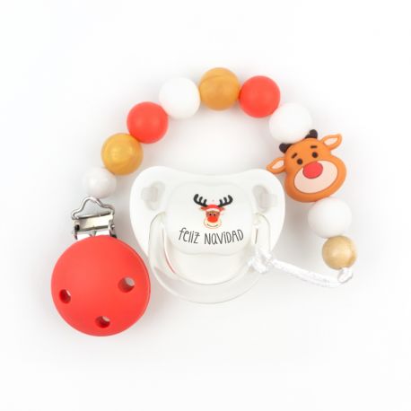 Cajita Chupete Baby Deco Rudolph + Cadenita de silicona Reno Rojo, texto a elegir