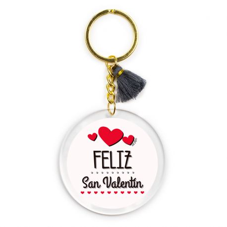 Llavero Metacrilato Redondo Feliz San Valentín tres corazones