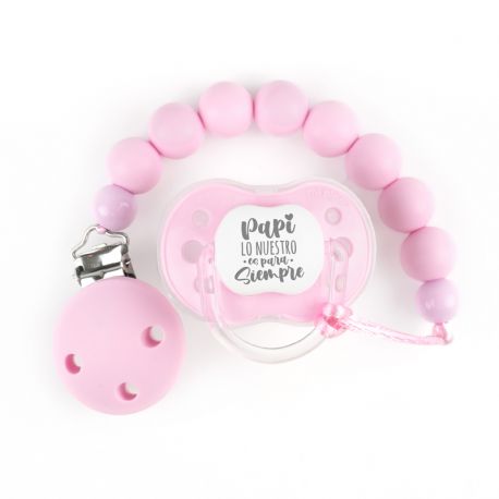Cajita Chupete Rosa Divertido + Cadenita de silicona Bubble Rosa, texto a elegir