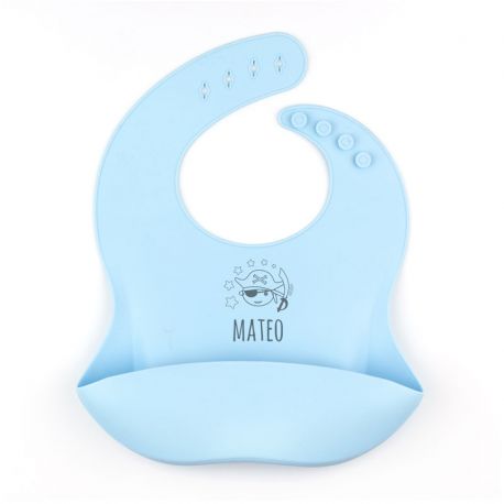 Babero SILICONA Personalizado Nombre + Pirata, color a elegir