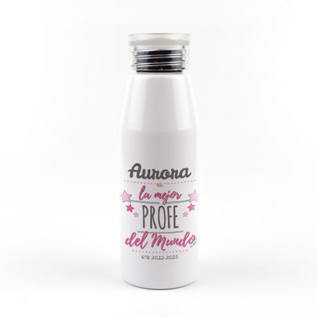 Botella Aluminio personalizada (Nombre) es la mejor PROFE del Mundo rosa