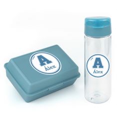 Pack Botella 600ml + Cajita Porta Alimentos School Azul personalizadas