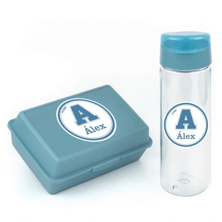 Pack Botella 600ml + Cajita Porta Alimentos School Azul personalizadas