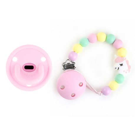 Cajita Chupete Gummy Rosa + Cadenita de Silicona Unicornio