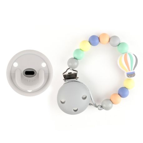 Cajita Chupete Gummy Gris + Cadenita de Silicona Globo