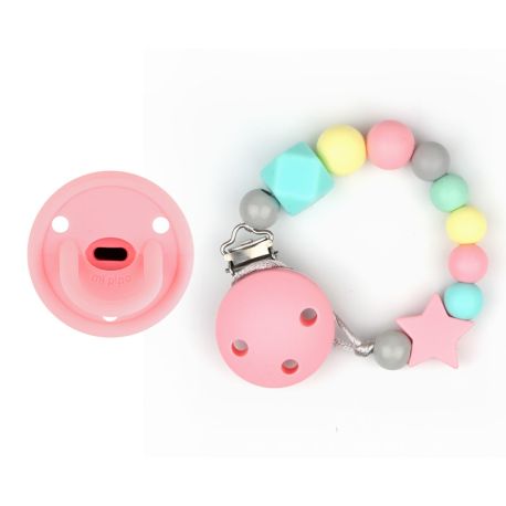 Cajita Chupete Gummy Rosa Candy + Cadenita de Silicona Multicolor 