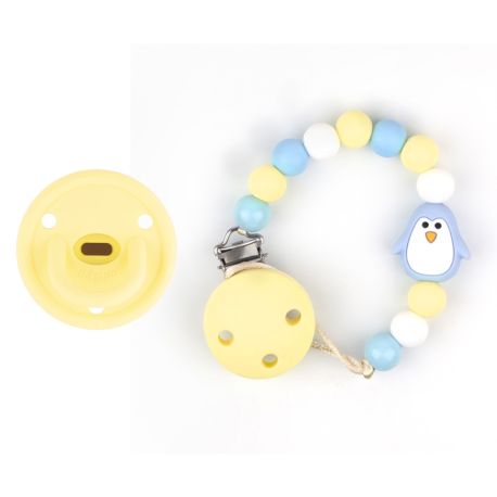Cajita Chupete Gummy Amarillo Soft + Cadenita de Silicona Pingüino
