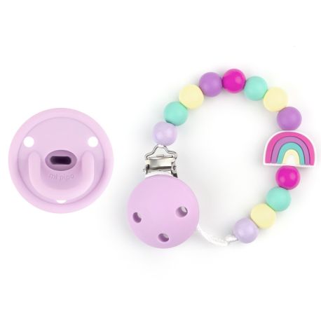 Cajita Chupete Gummy Lila + Cadenita de Silicona Arcoíris
