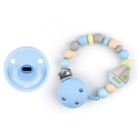 Cajita Chupete Gummy Celeste + Cadenita de Silicona Barquito