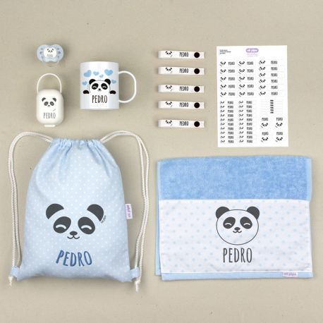 Pack Mi Cole Panda Azul personalizado + Regalo Etiquetas objetos