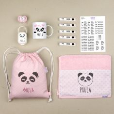 Pack Mi Cole Panda Rosa personalizado + Regalo Etiquetas objetos