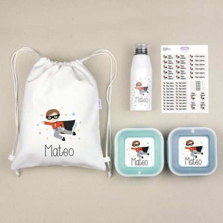 Pack Mi Equipo para el Cole con Petate Superhéroe personalizado + Regalo Marcaprendas