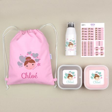 Pack Mi Equipo para el Cole con Petate Hada personalizado + Regalo Marcaprendas